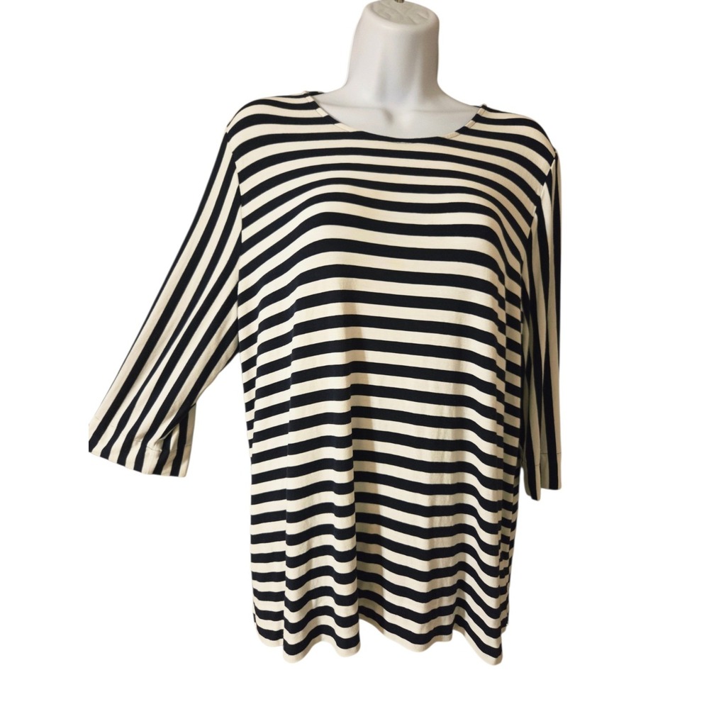 J Jill Wearever Black White Striped Jersey Knit 3/4-Sleeve Pullover Top LP